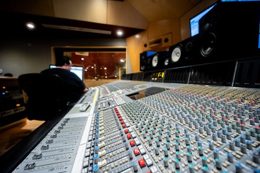 Close-up of a modern mixing console in a music recording studio with a sound engineer in the background.