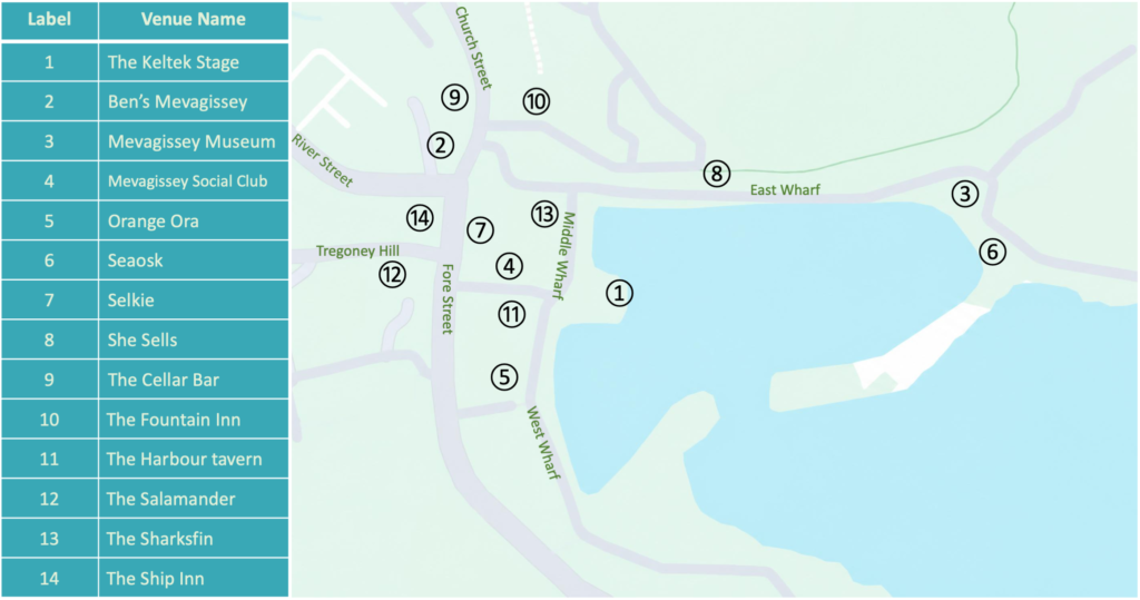 Map showing all venues in Mevagissey